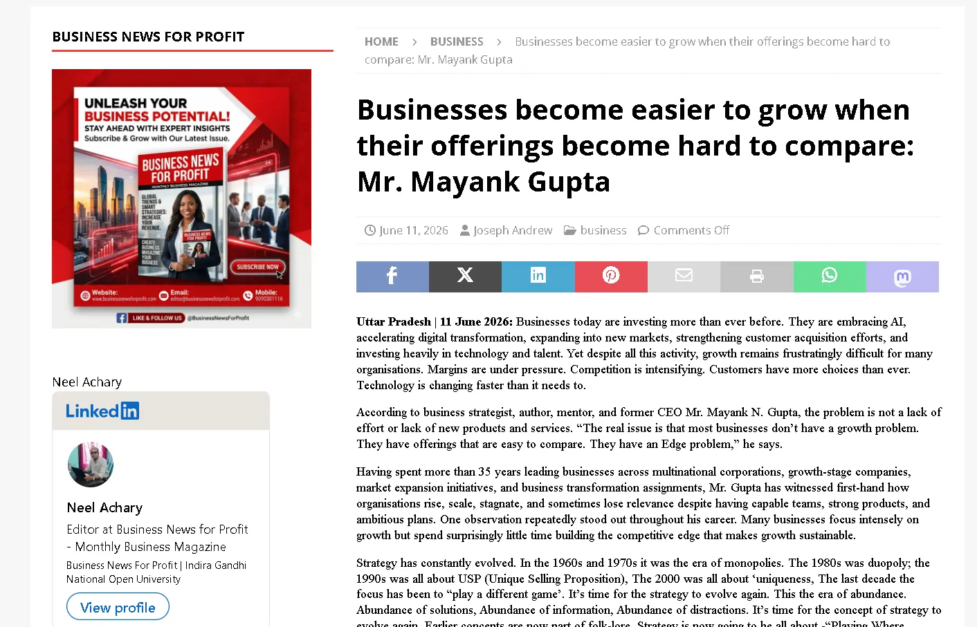 Press release on Business News This Week